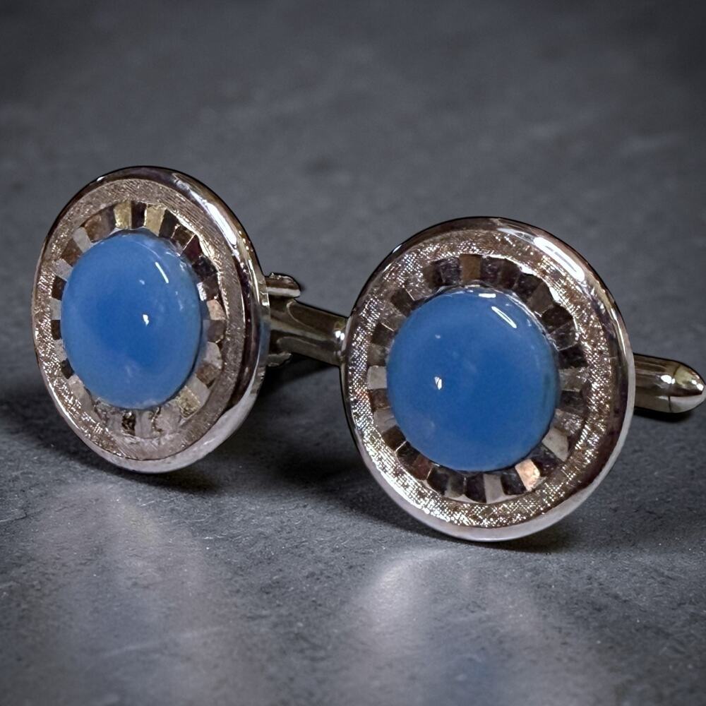 Vintage Swank Cufflinks Mens Silver Tone Blue Jewel Fluted Rim Bullet Back